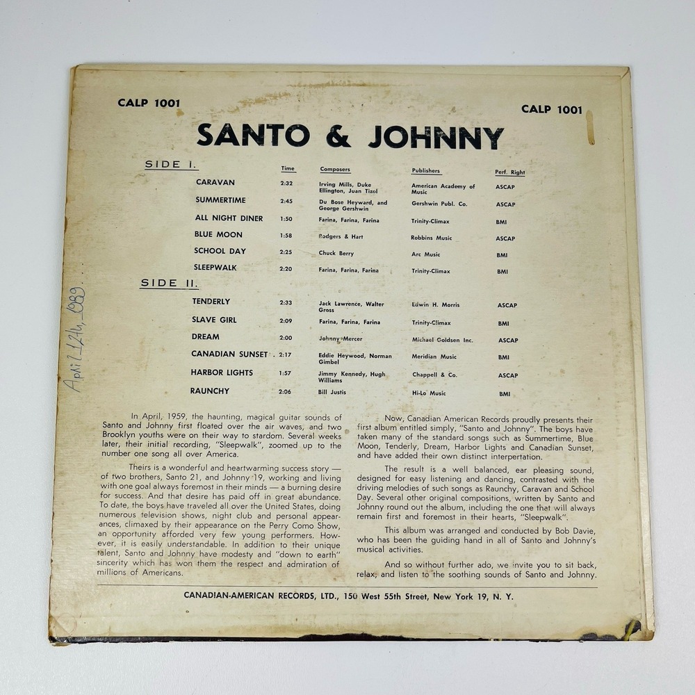 Santo Johnny S T 1959 Canadian American CALP 1001 Mono Jacket‎ Vinyl - Picture 2 of 7
